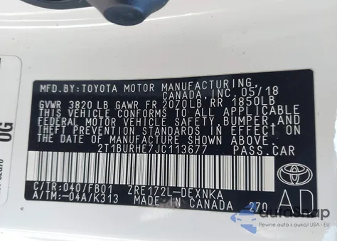 2018 Toyota Corolla Le из США, поврежденный, VIN 2T1BURHE7JC113677